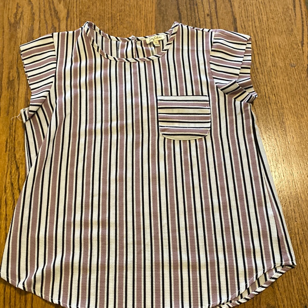 Small pink, white and black striped short sleeve shirt